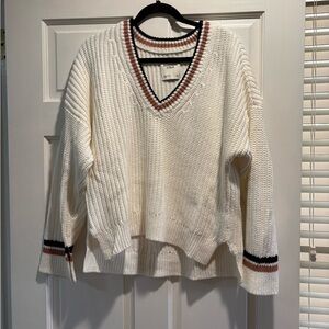 Abercrombie & Fitch Cream V-Neck Sweater with Black and Brown Stripes